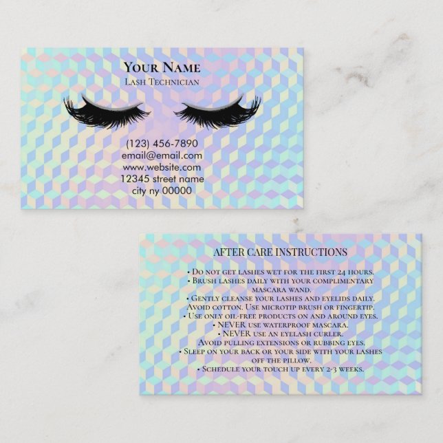 Carte De Rendez-vous Holographic Lash Technician After care Card (Devant / Derrière)