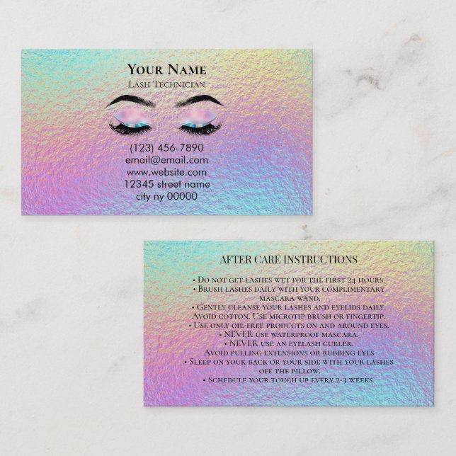 Carte De Rendez-vous Holographic Lash Technician After care Card (Devant / Derrière)