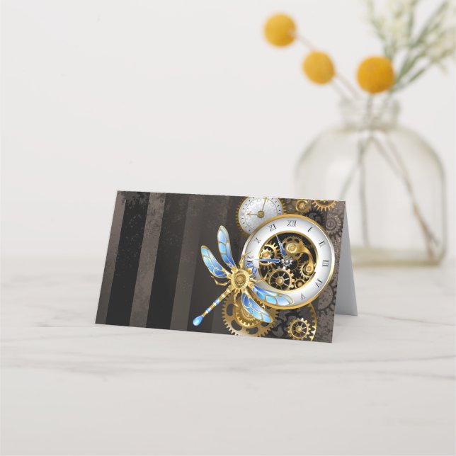 Carte De Rendez-vous Horloge à vapeur avec libellule mécanique (Devant)