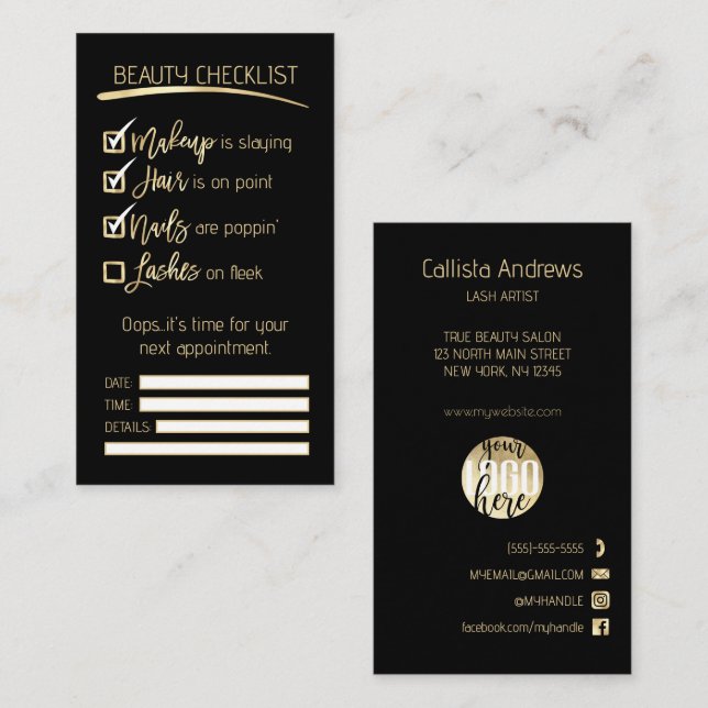 Carte De Rendez-vous Lashes Gold Black Beauty Checklist Business Logo (Devant / Derrière)