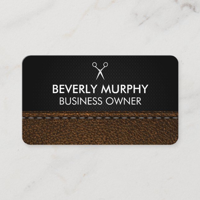 Carte De Rendez-vous Logo Ciseaux | Cuir Brun Brodé (Devant)