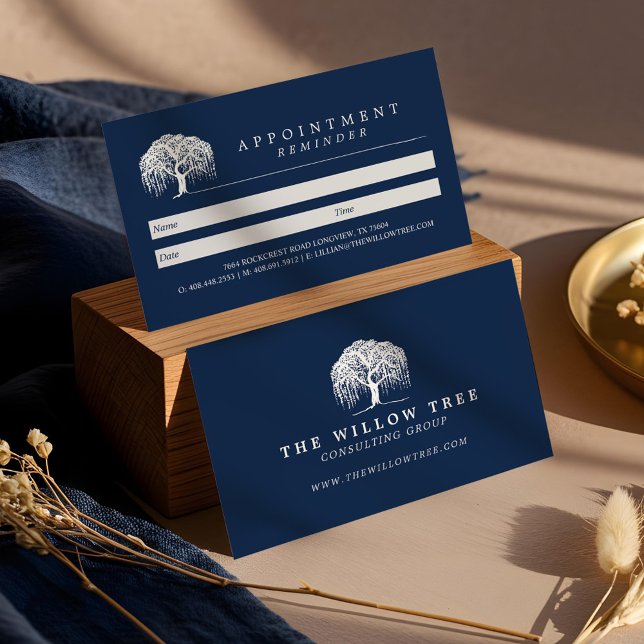 Carte De Rendez-vous Logo Rustic Modern Navy Blue & White Willow Tree (Rustic Modern Navy Blue & White Willow Tree Logo Appointment Card (Front & Back))