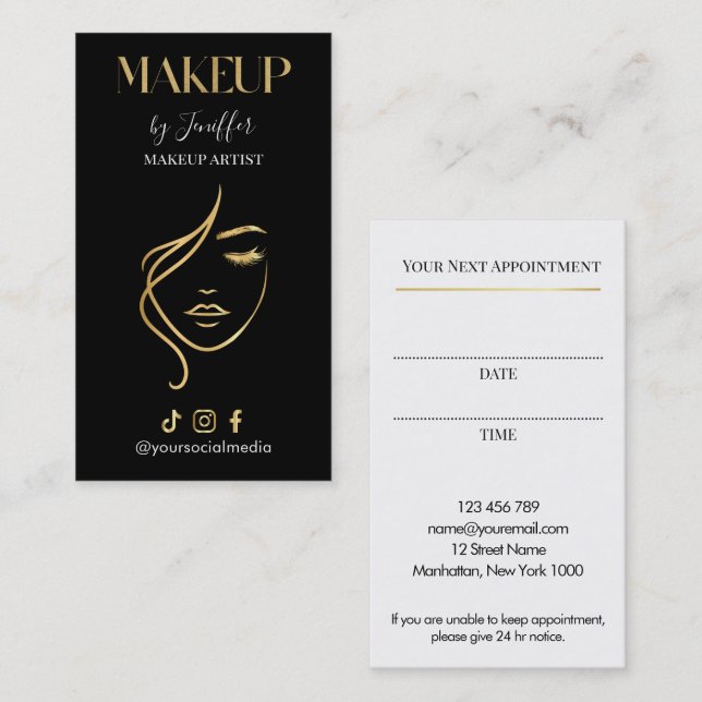 Carte De Rendez-vous Luxury Black & Gold Makeup Appointment Card (Devant / Derrière)