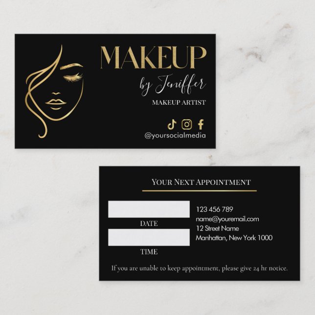 Carte De Rendez-vous Luxury Black & Gold Makeup Appointment Card (Devant / Derrière)