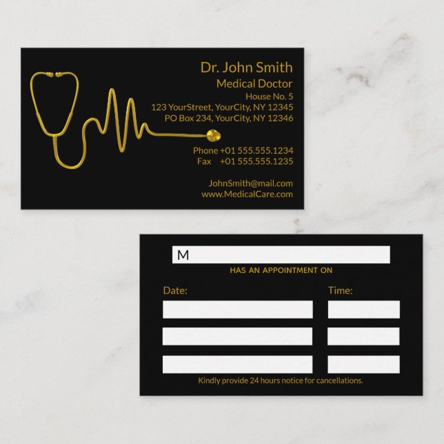 Carte De Rendez-vous Luxury Gold ECG Wave Stethoscope EKG Line Medical (Devant / Derrière)