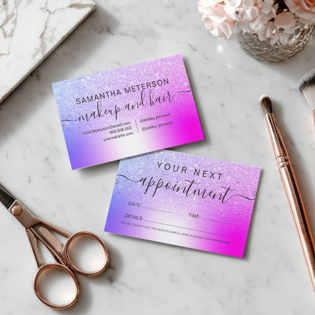 Carte De Rendez-vous Makeup hair pink purple glitter metallic foil (Makeup hair pink purple glitter metallic foil appointment card)