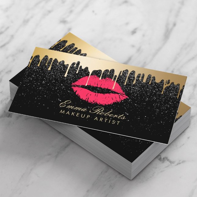 Carte De Rendez-vous Maquillage Artiste Lèvres rouges Rouges Gold Drips (Créateur téléchargé)
