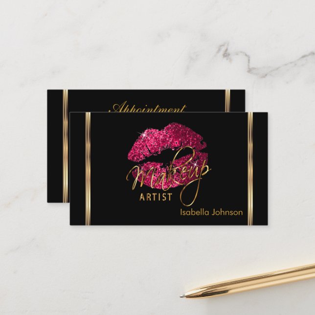 Carte De Rendez-vous Maquillage Artiste Parties scintillant rose chaud  (Devant/Arrière en situation)