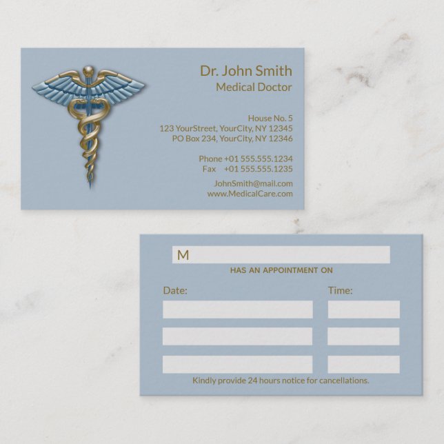 Carte De Rendez-vous Médicale Blue Gold Caduceus Fine Professional (Devant / Derrière)