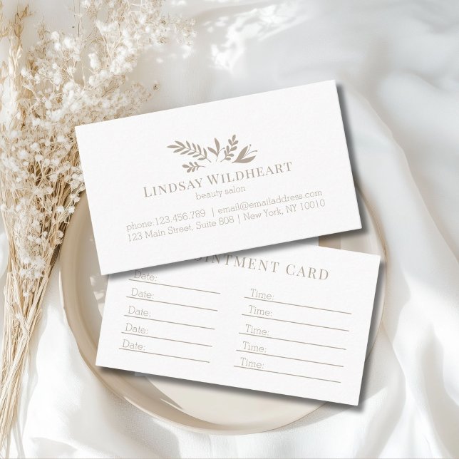 Carte De Rendez-vous Minimal White Botanical Salon (Custom Minimal White Botanical Salon Appointment Card)