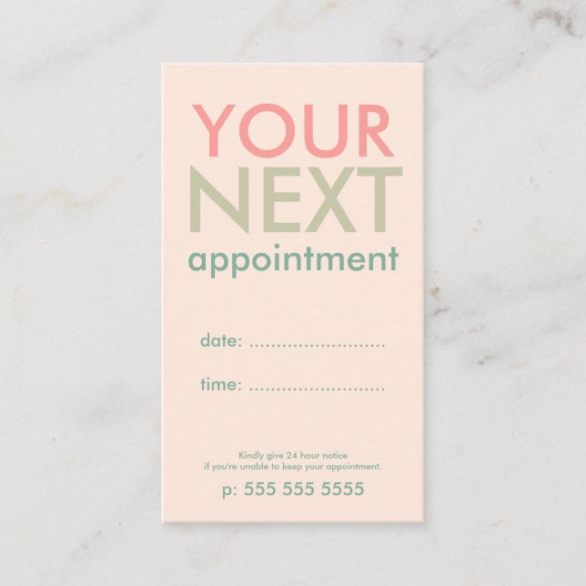 Carte de rendez-vous minimale de base en vert rose (Devant)