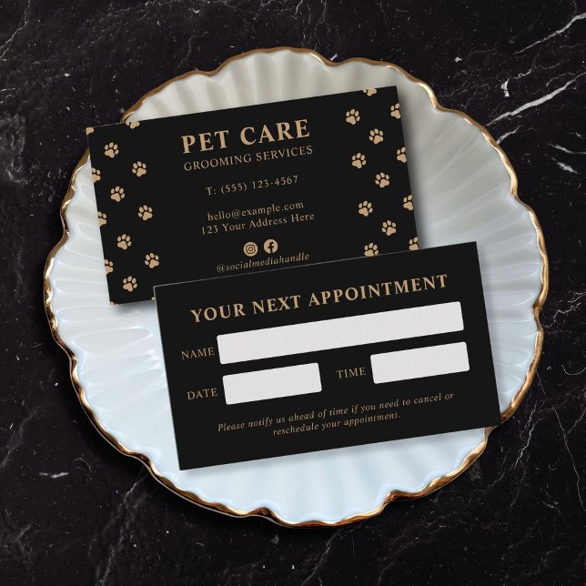 Carte De Rendez-vous Modern Luxury Black Golden Paw Pet Care (modern luxury charcoal black gold paw pet appointment card)
