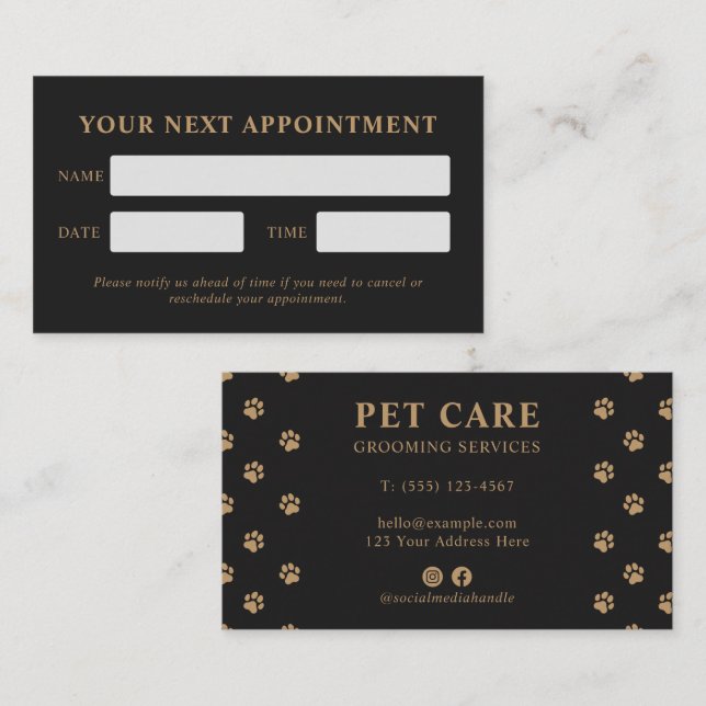 Carte De Rendez-vous Modern Luxury Charcoal Golden Paw Pet Care (Devant / Derrière)