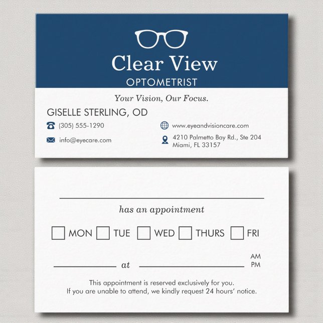 Carte De Rendez-vous Modern Navy Blue Appointment Reminder Optometrist (Créateur téléchargé)