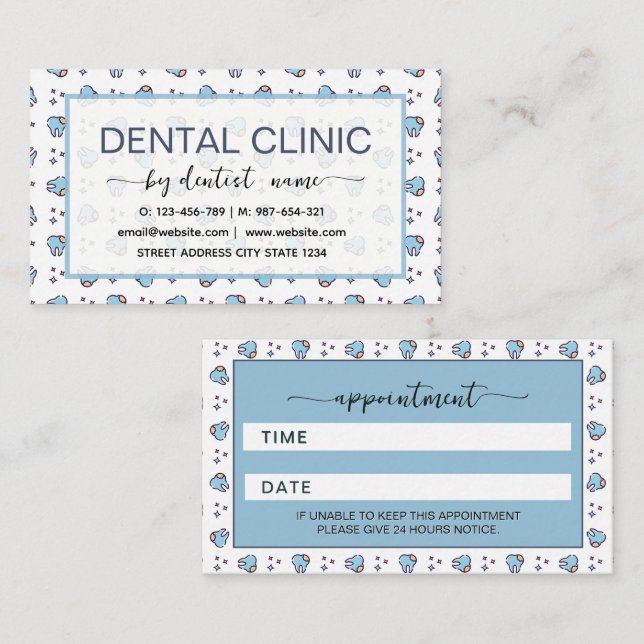 Carte De Rendez-vous Motif dentaire bleu Dentiste  (Devant / Derrière)