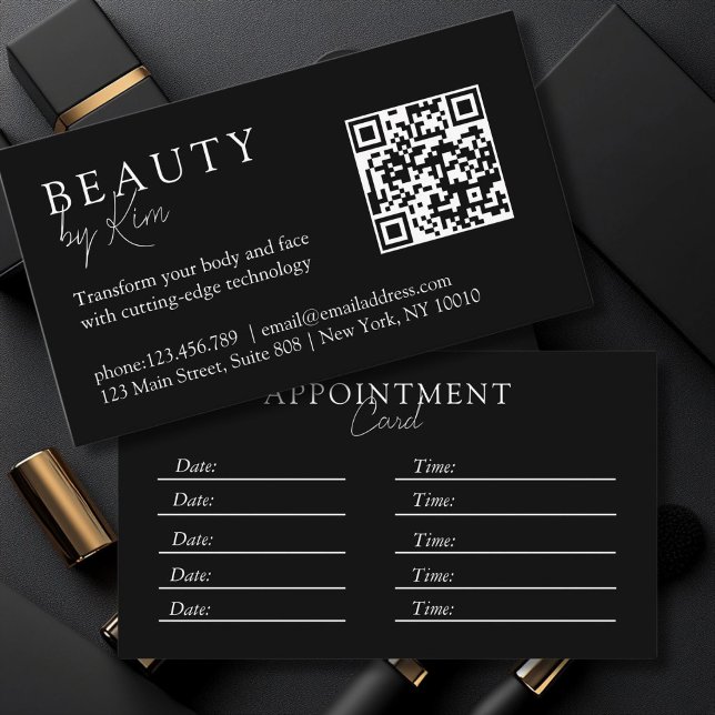 Carte De Rendez-vous Noir & Blanc, Minimal, Élégant, Salon, Code QR (Black & White, Minimal, Elegant, Salon, QR-Code Appointment Card)
