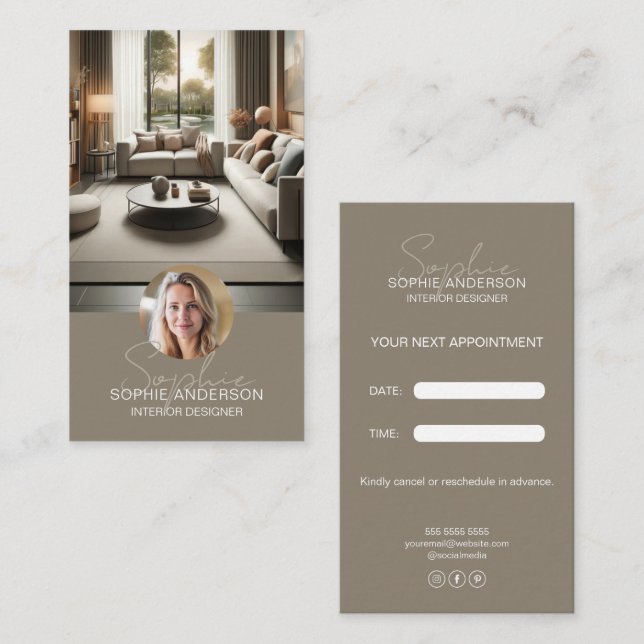 Carte De Rendez-vous Nom de script de designer d'intérieur Taupe (Devant / Derrière)
