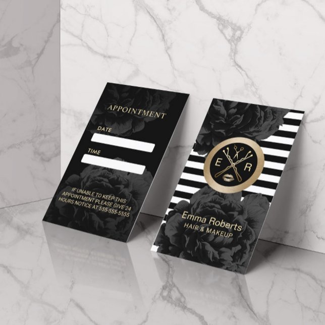 Carte De Rendez-vous Nomination | Moderne Stripes Black Floral Salon (Créateur téléchargé)