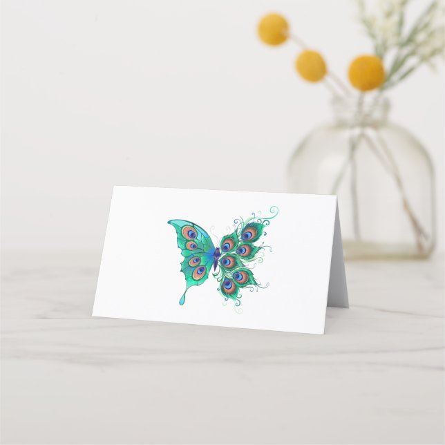 Carte De Rendez-vous Papillon aux plumes de paon vert (Devant)