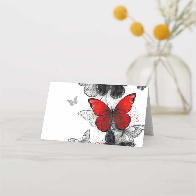 Carte De Rendez-vous Papillons noirs et rouges volants (Devant)