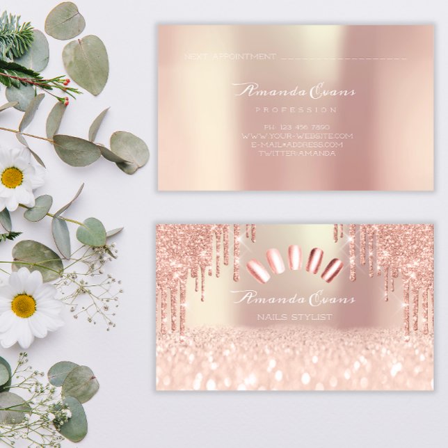 Carte De Rendez-vous Parties scintillant d'étincelle Rose Gold Nails Dé (Spark Glitter Rose Gold Nails Artist Drips Appointment Card)