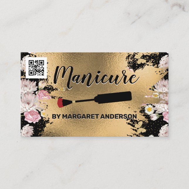 Carte De Rendez-vous Pinceau polonais à ongle | Or et fleurs | code qr (Devant)
