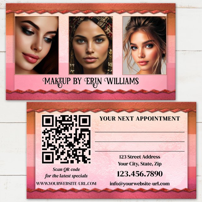 Carte De Rendez-vous Portfolio Photo Beauté et maquillage (Chic pink beauty portfolio appointment business card with QR code template)