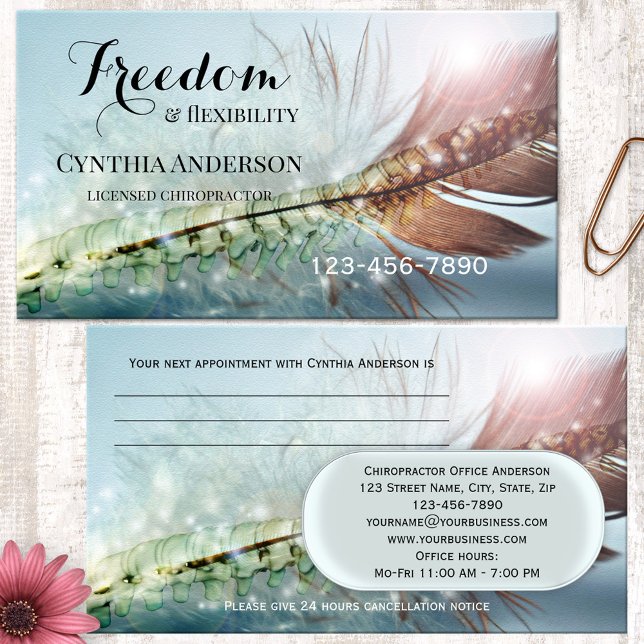 Carte de rendez-vous pour chiropraticien léger en  (Artistic chiropractor appointment business card featuring a feather design with a spine image)