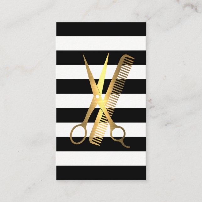 Carte De Rendez-vous Rayures | Logo Peigne Ciseaux Dorés (Devant)