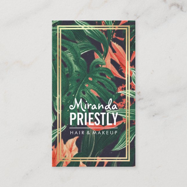 Carte De Rendez-vous Salon de beauté Tropical Floral Gold Frame Maquill (Devant)
