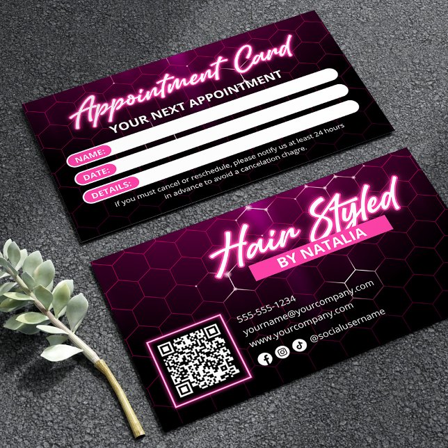 Carte De Rendez-vous Salon de coiffure Black and Pink Neon Code Qr (Créateur téléchargé)