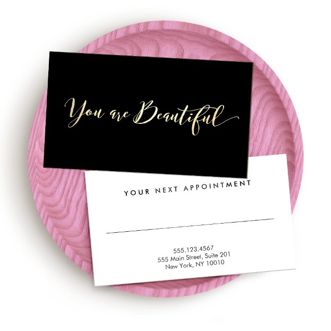 Carte De Rendez-vous Salon de coiffure noir Rappel Gold Script (Créateur téléchargé)