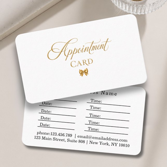 Carte De Rendez-vous Salon Élégant Ruban Doré Blanc (Elegant Bow Gold White Salon Appointment Card)