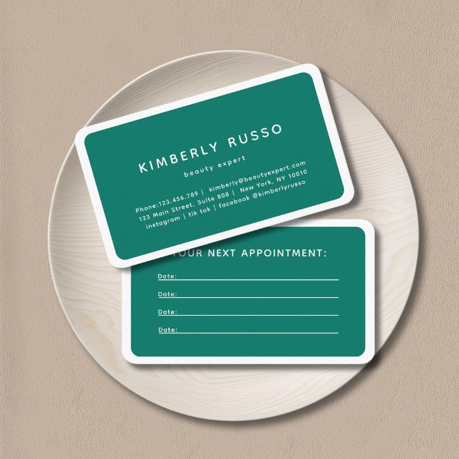 Carte de rendez-vous salon moderne, tendance (Modern, trendy, salon, forest-green appointment card.)