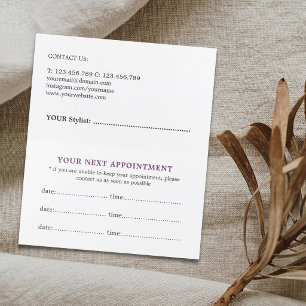 Carte De Rendez-vous Simple Élégant Salon de Beauté Violet Blanc