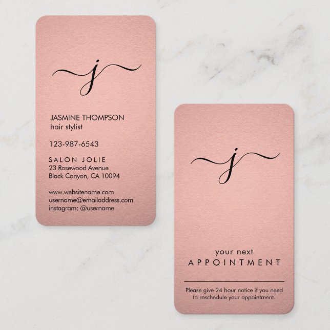 Carte De Rendez-vous Simple Monogramme Rose Gold Foil Vertical (Devant / Derrière)