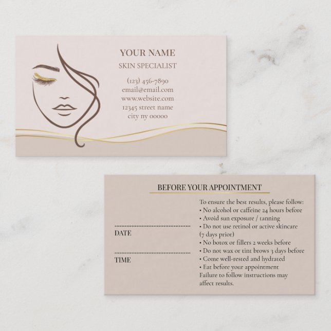 Carte De Rendez-vous Skincare & Beauty Before care  Appointment Card (Devant / Derrière)