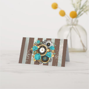 Carte De Rendez-vous Steampunk Clock and Turquoise Roses on Striped