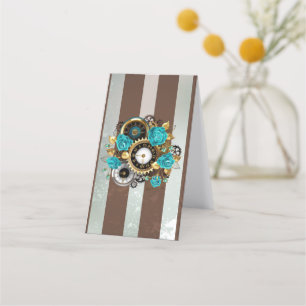Carte De Rendez-vous Steampunk Clock and Turquoise Roses on Striped