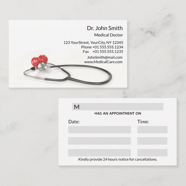 Carte De Rendez-vous Stethoscope with Heart | Medical Care & Healthcare (Devant / Derrière)