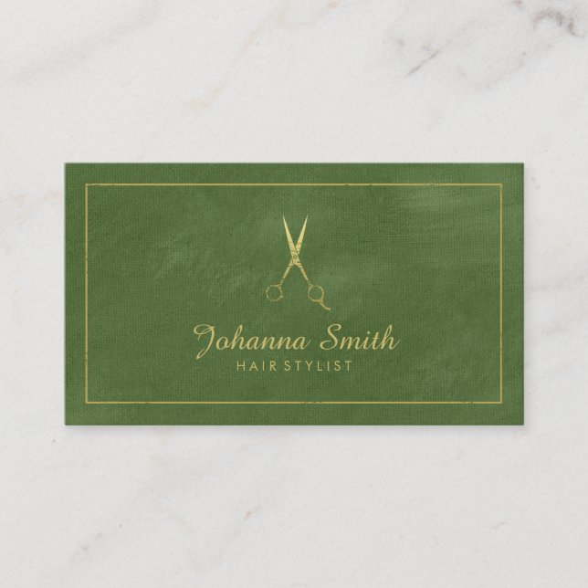 Carte De Rendez-vous Toile verte Cadre doré & Ciseaux Coiffeur (Devant)