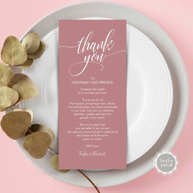 Carte de Repas de Répétition Merci (Wedding Dinner Place Setting Thank You Card, Modern Classy Elegant Script, Dusty Rose Pink)