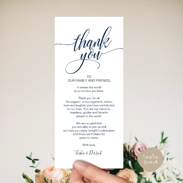 Carte de Repas de Répétition Remerciements Marque- (Rehearsal Dinner Thank you Modern Classy Place Setting Card Navy Blue)