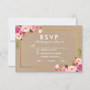 Carte de repas Mariage Kraft Rose Floral Gold RSVP