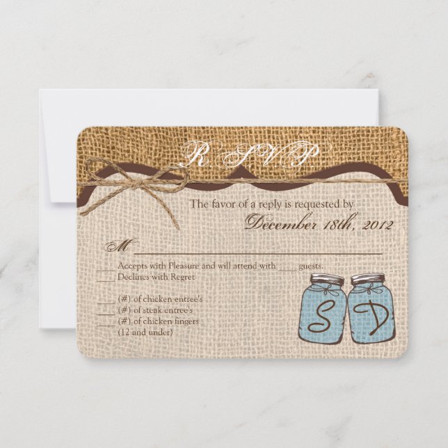 Carte de réponse 3x5 R.S.V.P. Mason Jar Burlap Pay (Devant)