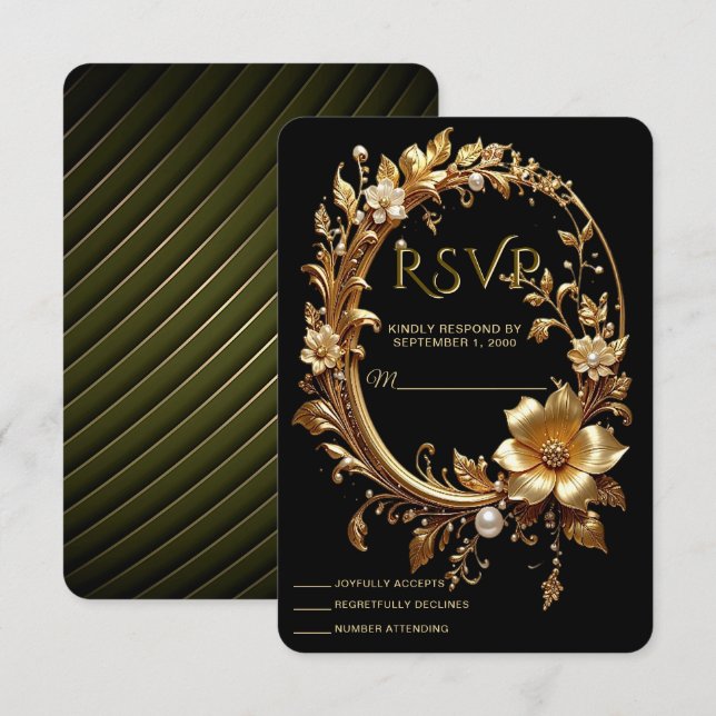 Carte de réponse à cadre orné de fleurs dorées (Devant / Derrière)