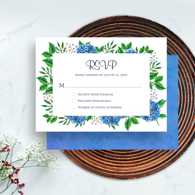 Carte de réponse à l'aquarelle des hortensias bleu (Front / Back)