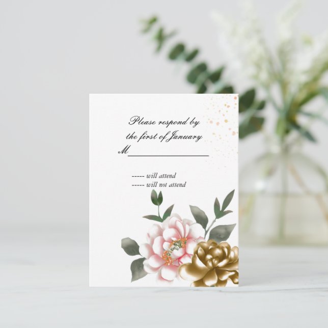 Carte de réponse à l'aquarelle rose et bronze de p (Debout devant)