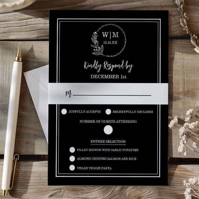 Carte de réponse à monogramme floral noir élégant (Elegant Black Floral Monogram RSVP Wedding Response Card)