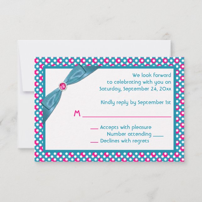 Carte de réponse à point rose, turquoise et blanc  (Devant)